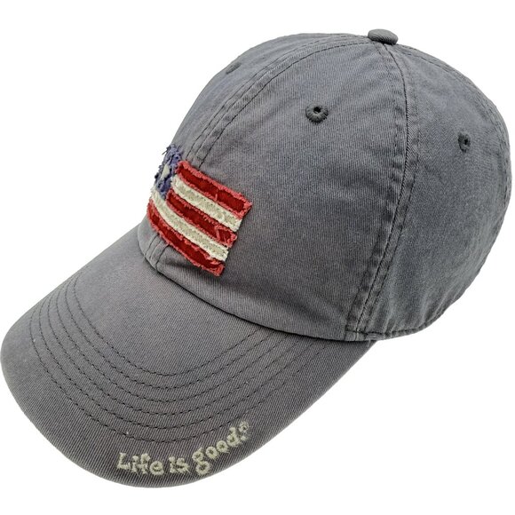 LIFE IS GOOD Gray Washed Flag Patch Cap — Vintage Look Strap back Hat Distressed - Picture 3 of 12